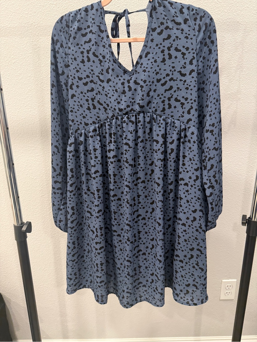 DAVI & DANI Dusty Long Sleeve Blue Dress with Black Speckle Leopard Spot Small